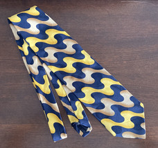 Enrico Venturi Bold Funky Silk Tie Wavy Blue Yellow Beige - $163.71 MXN