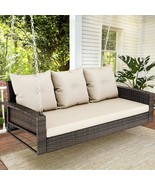 Brown Outdoor 3-Person Patio Porch Swing Bench Chair with Beige Cushions - $294.96 CAD