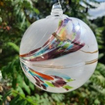 Hanging Glass Ball 4&quot; Diameter White with Multicolored Swoosh #161000 - $15.15