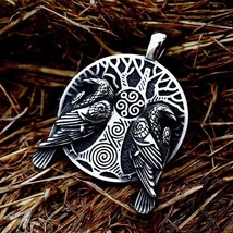 Mens Norse Viking Huginn &amp; Muninn Ravens Pendant Necklace Stainless Steel 24&quot; - £13.28 GBP
