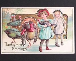 Thanksgiving Greetings Girl Holding Turkey Mica Antique Embossed c1910 P... - $14.99