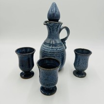 Ray Studio Decanter and Three Cups Signed Vintage Art Pottery Blue Stoneware - £59.82 GBP