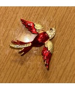 Vintage Gold Toned Red Enamel Bird In Flight Rhinestone Embossed Body J260 - $19.01 CAD