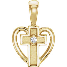 14K White Gold or 14K Yellow Gold Child Heart Cross Pendant with Diamond - £161.97 GBP