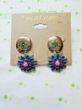 Erica Lyons Gold Tone Post Back Earrings 2 Pair Flower Burst W Rhinestones &amp; - £11.34 GBP