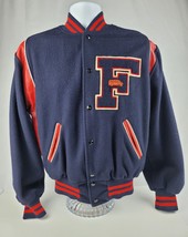 Vintage Halloway USA Varsity Letterman Jacket Size 46 Red leather Blue Wool &quot;F&quot; - £92.92 GBP