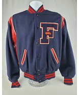 Vintage Halloway USA Varsity Letterman Jacket Size 46 Red leather Blue W... - £93.47 GBP