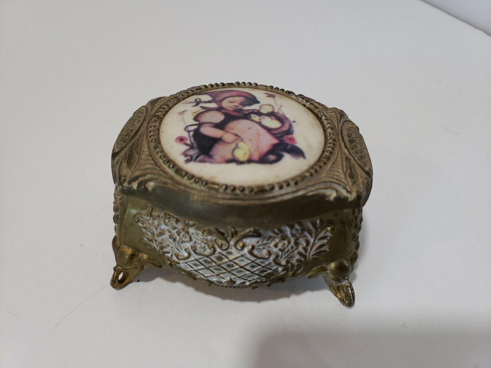 Vtg FARRINGTON Hummel Porcelain  Elephant Footed Jewelry Box Girl/Chicks Japan - $26.09