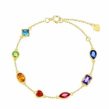 9K Yellow Gold Over Colorful Multi-shape Gemstones Bracelet Beaded Wrist Chain  - £124.54 GBP