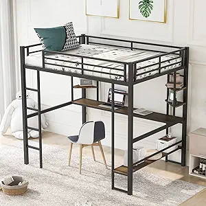 Metal Full Size Loft Bed With Long Desk And Shelves, Heavy Duty Steel Be... - $1,007.99