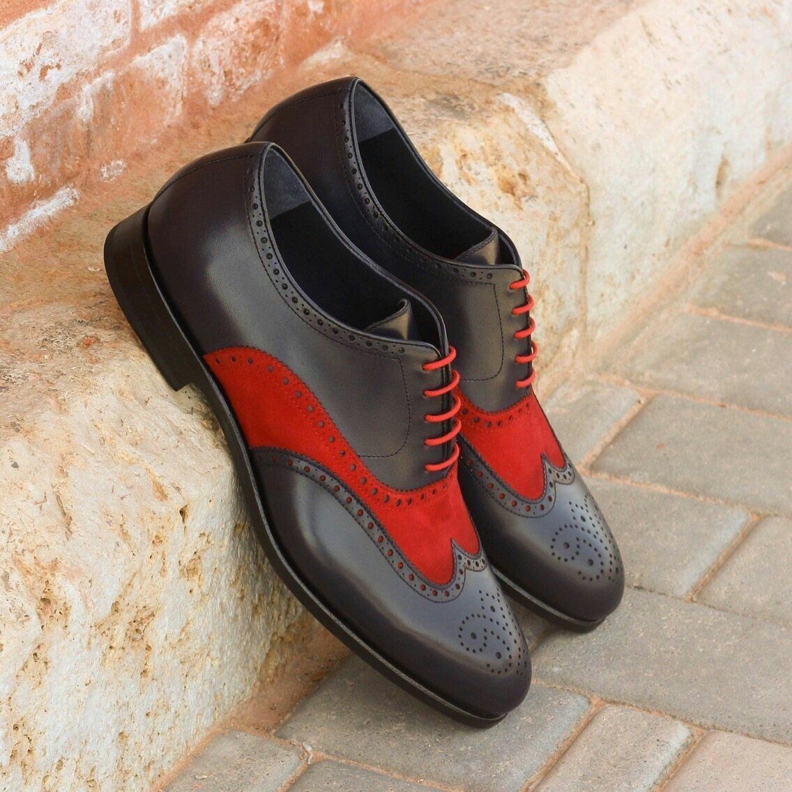 New Handmade Men's Black and Red Leather shoes,Wingtip Dress Leather shoes