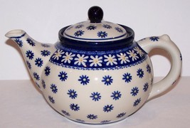 Lovely Boleslawiec Ceramika Artystyczna Polish Pottery Blue &amp; Yellow Teapot - £39.55 GBP