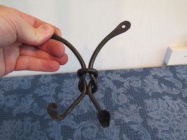 Vtg Hand Forged Blacksmith Wrought Iron Wall Coat Hook Double Arm Knotted - $19.86