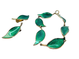 Vintage David Andersen Emerald Green Leaf Guilloche Enamel Bracelet and Earrings - £313.55 GBP