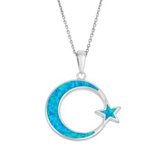 Sterling Silver Blue Inlay Opal Crescent Moon with Star Pendant Necklace - £38.07 GBP