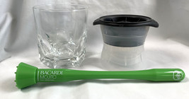 Bacardi Rum Etched Bat Logo 12 oz Glass Plastic Ice Mold &amp; Mojito Muddler - £22.28 GBP