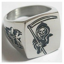 Grim Reaper Sickle Stainless Steel Ring size14 Silver Metal S-510 Skull Face New - £6.03 GBP