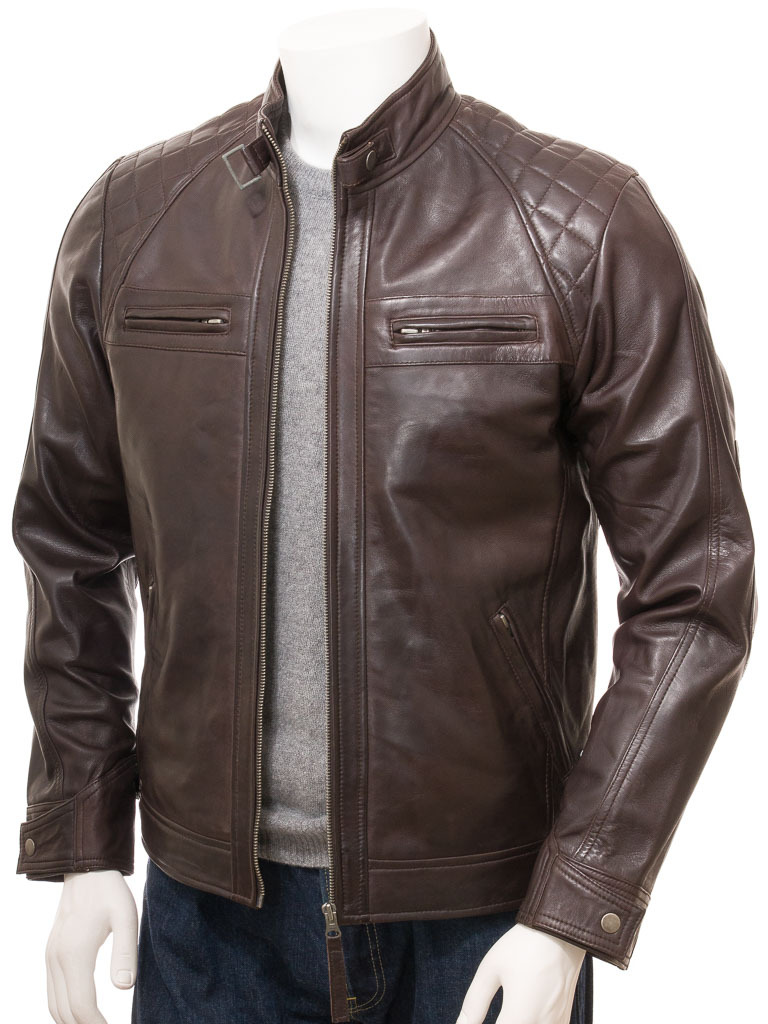 LE Men Brown Biker Leather Jacket Sibi