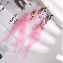 Vintage Blue Long Feather Earrings For Women Fashion Jewelry Bohemia Gold Alloy  - £7.57 GBP
