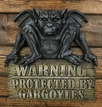 Gothic Winged Gargoyle On Warning Protected By Gargoyles Sign Wall Decor... - $44.99