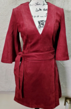 Venus Sheath Dress Womens Size 2 Maroon Faux Suede Long Sleeve V Neck Drawstring - £21.34 GBP