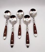 5 Chefs Bistro Round Bowl Soup Spoon Cream Soup Spoon Brown Woodgrain Stainless - £56.19 GBP