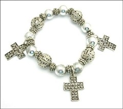 Bracelet 3 Christian CROSS CHARMS Silvertone Beaded Elastic Faux Pearls Stretchy - £10.34 GBP