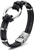 Mens Black Leather Bracelet Stainless Steel Silver Wristband Cuff Bracelet 8.7in - £39.16 GBP