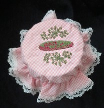 Pink Check Gingham Embroidered Cucumber  w/Dill  handmade Jar Topper cover - £7.62 GBP