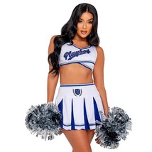 Cheerleader Costume Playboy Crop Top Pleated Mini Skirt Pom Pom White Blue PB138 - £60.09 GBP