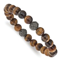 Stainless Steel Antiqued and Polished 10mm Tiger&#39;s Eye Stretch Bracelet - $49.00
