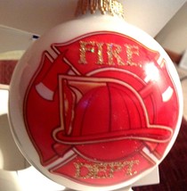 Krebs Christmas Ornament Red White Glass Ball Fire Department First In L... - £9.49 GBP