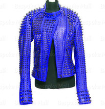 New Woman&#39;s  Blue Silver Spiked Studded Punk Cowhide Biker Leather Jacket-716 - £375.68 GBP
