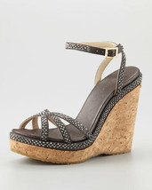 NIB 100% AUTH Jimmy Choo Prance Shimmer Leather Strass Cork Wedge Sandals 36.5 - £395.32 GBP