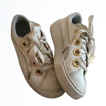 PUMA Platform Kiss White Leather Gold Fashion Sneakers w Ribbon Ties Size 7 - £29.75 GBP