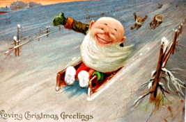 Christmas Postcard Dwarf Gnomes Fantasy Downhill Racing On Sled Tuck Series 8360 - £46.47 GBP