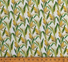 Cotton Sweet Corn Stalks  Ears Harvest White Fabric Print by the Yard D567.07 - £9.55 GBP