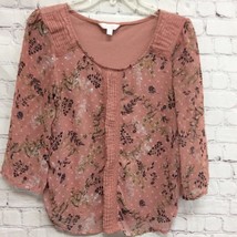 Lc Lauren Conrad Womens Blouse Pink Floral 3/4 Sleeve Scoop Pintuck Lace Trim M - £7.57 GBP