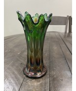 Fenton Carnival Glass Vase Iridescent Green Long Thumbprint Swung 9 Point - $59.39
