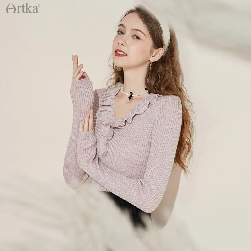 ARTKA  Autumn New Women Knitwear Elegant  Ruffle V-Neck Knitwear Slim Violet Sof - £213.72 GBP