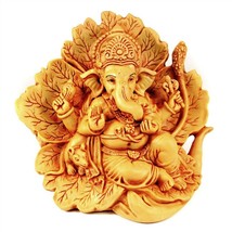 Ganesha On Peepal Leaf Statue 4.25&quot; Resin Hindu Elephant God High Quality India - £23.21 GBP