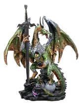 Large Green Jade Armored Dragon With Space Orb And Excalibur Sword Statue 16.5&quot;H - £108.50 GBP