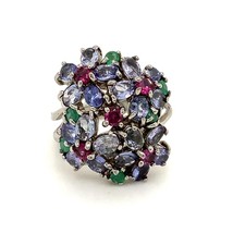Vintage Signed Sterling Cluster Multi Colored Gemstone Floral Cocktail Ring sz 9 - £51.42 GBP