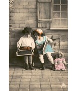 Vintage children at school with doll, Tinted Art Deco postcard, circa 1900 - $147.97 MXN