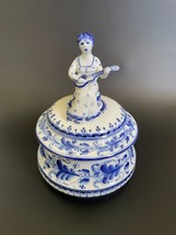 VTG Gzhel Porcelain Large Lidded Trinket Box w/ Woman Play Russian Guitar Finial - £82.28 GBP
