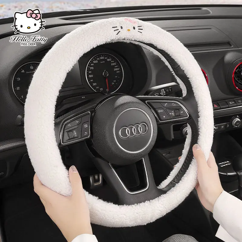 Kawaii Hello Kittys Car Steering Wheel Cover Anime Kt Cat Cartoon Lamb Velvet - £18.89 GBP+