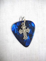NEW RICH DARK BLUE GUITAR PICK w FANCY CROSS CHARM DOUBLE PENDANT ADJ NE... - $4.99