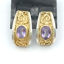 QVC sterling silver amethyst earrings - NEW 2-tone bezel-set purple stone hoops - £35.85 GBP