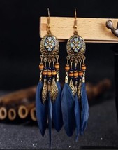 Navy blue and gold feather earrings - beaded drop tassel earrings - $19.23