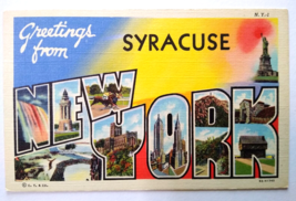 Greetings From Syracuse New York Large Letter Postcard Linen Curt Teich Liberty - £14.25 GBP
